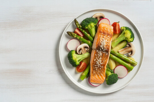 Roasted salmon steak with asparagos broccoli carrot tomatoes radish green beans and peas. Fish meal with fresh vegetable 