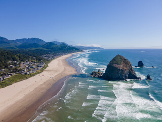 Aerial landscape of Haystack Rock formation on Cannon Beach Oregon Coast Pacific Northwest