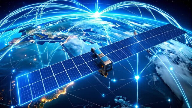 A stylized digital map of Earth with glowing network lines, illustrating global satellite connectivity and real-time communication across continents from space. - Powered by Adobe