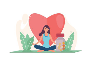 Yoga practice scenes featuring a woman surrounded by large hearts and health-related background elements that promote wellness and mindfulness through cartoon style illustration