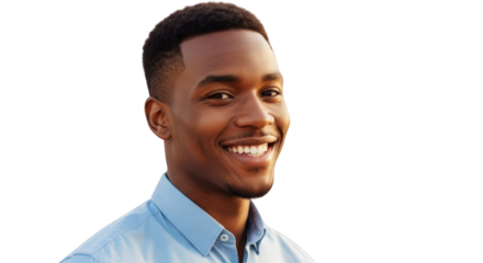 Young Black Man Smiling Confidently in Blue Shirt male african american person people portrait headshot face smile happy cheerful confident