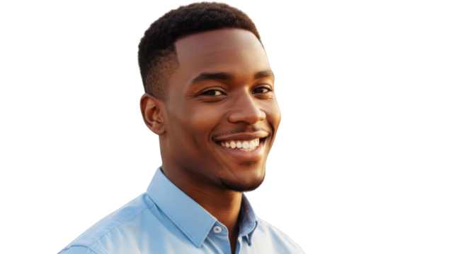Young Black Man Smiling Confidently in Blue Shirt male african american person people portrait headshot face smile happy cheerful confident