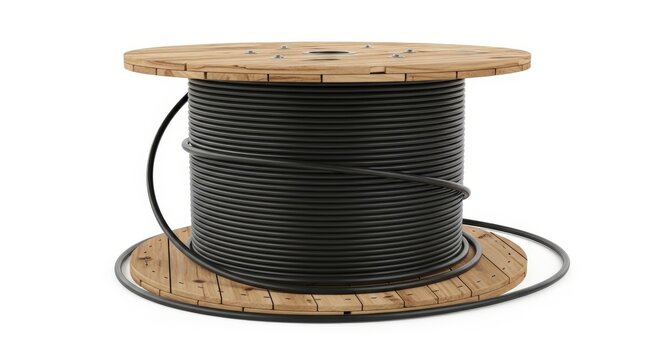 Wooden spool of black cable isolated on white background