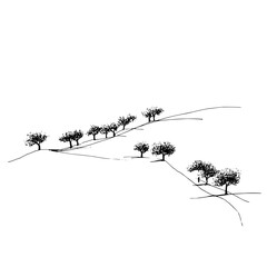 Black and white landscape drawing of trees on hills for nature scenery and minimalist art print designs