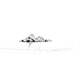 Illustration of rocky island in water black and white landscape drawing nature scenic seascape minimalist art