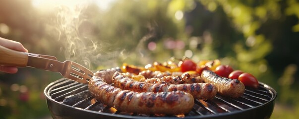 Grilled Sausages with Vegetables on Charcoal Grill in Sunny Outdoor Setting