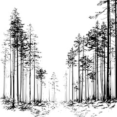 A monochrome illustration of a dense forest with tall trees and a visible path leading through the woods