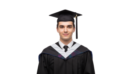 Young Man Wearing Graduation Cap and Gown graduate student education achievement success academic ceremony commencement diploma degree university college male
