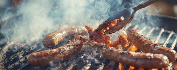 Grilled Sausages Cooking on Charcoal Grill with Smoke and Tongs