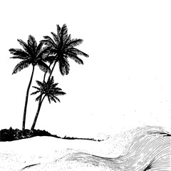 Three palm trees on a sandy beach with sketched waves in a black and white illustration style image