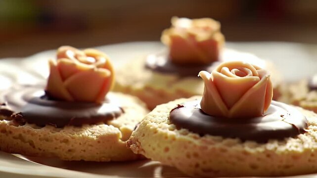 Delicious cookies with chocolate and marzipan roses, a treat for any dessert lover delight
