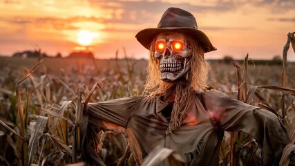 Eerie scarecrow with glowing eyes in a sunlit cornfield, perfect for Halloween, horror, or spooky seasonal projects - Powered by Adobe