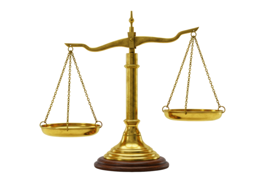 An exquisitely detailed, pristine, antique-style golden balance scale, perfectly balanced on a transparent seamless background with soft studio lighting, concept of objective assessment and integrity