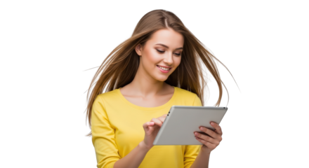Young Woman Smiling While Using Tablet Computer girl technology happy holding device digital screen touch finger browsing online internet communication