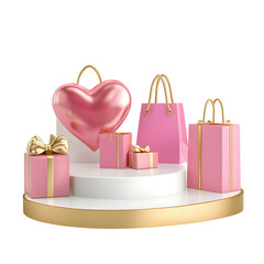 Pink gift boxes and shopping bags with a heart balloon on a pedestal isolated on transparent background