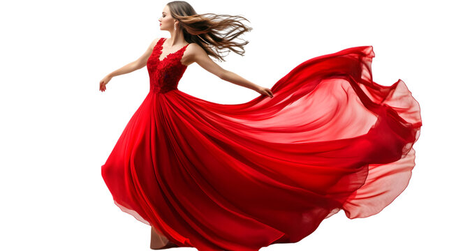 Woman in flowing red dress with arms outstretched against a black background in a dynamic pose captured - Powered by Adobe