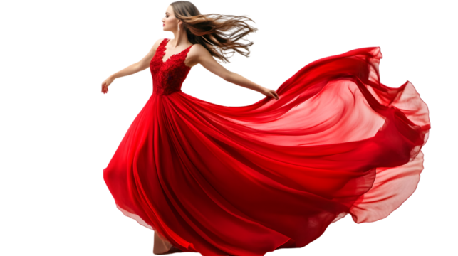 Woman in flowing red dress with arms outstretched against a black background in a dynamic pose captured