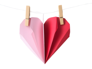 Two halves of a paper heart one pink and one red hang on a string with clothespins isolated on transparent background