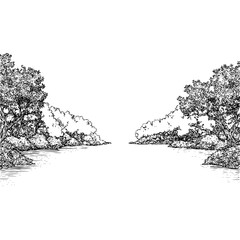 Detailed black and white landscape illustration of trees and water nature drawing scenery artwork sketch