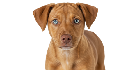 Healthy young reddish-brown puppy, striking light blue eyes, attentive, direct eye contact, isolated on a transparent background with no shadows, concept of pet companionship