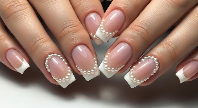 Elegant French Manicure wedding nails with white pearl beads for beauty and spa advertising