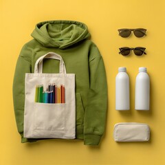 Naklejka premium Flatlay of olive green hoodie, tote bag with colored pencils, sunglasses, and two white bottles on yellow background