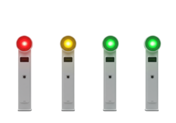 Four sleek, minimalist, abstract status indicators with vibrant red, yellow, green lights and one off unit, perfectly aligned on a transparent infinite background, systematic process concept