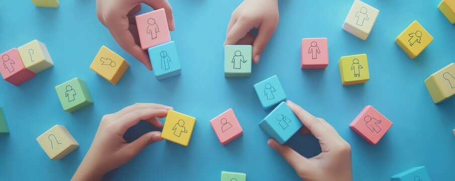 Child Hands Playing with Colorful Wooden Blocks on Blue Background