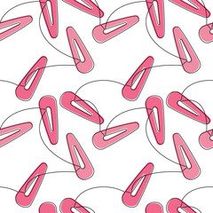 Hand drawn seamless pattern vector. Pink snap hair clips outline backdrop. Continuous line drawing illustration. Fashion wallpaper, beauty background, fabric, textile, wrapping paper print.