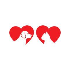 Dog and cat silhouettes inside two red hearts, pet love, veterinary clinic, animal friendship, pet care