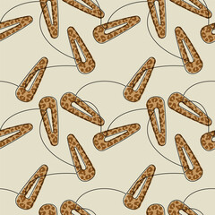 Hand drawn seamless vector pattern. Leopard print snap hair clips outline backdrop. Continuous line drawing illustration. Fashion wallpaper, beauty background, fabric, textile, wrapping paper.