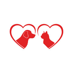 Dog and cat silhouettes inside two red hearts, pet love, veterinary clinic, animal friendship, pet care