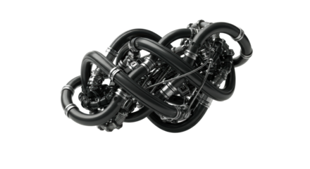 High-angle, top-down view of an abstract network of dark tubes, pipes, and metallic elements, intricately intertwined against a transparent studio background, concept of seamless technological