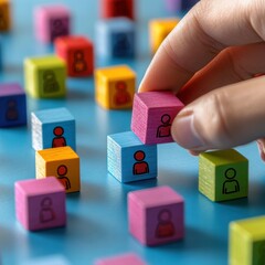 Hand Selecting Colorful Blocks with People Icons on Blue Surface