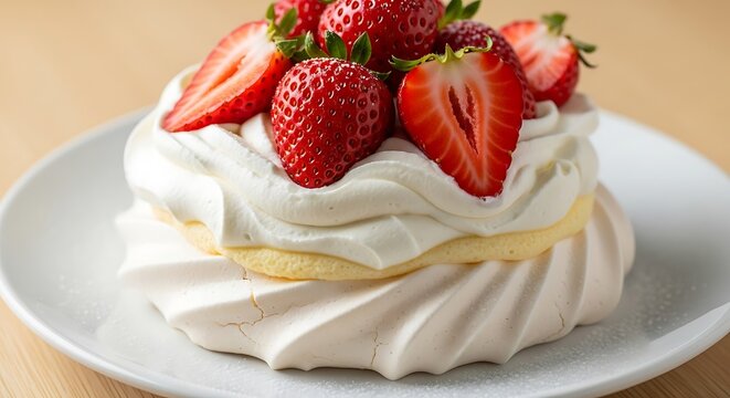Exquisite strawberry pavlova on a pristine white plate showcasing a delightful dessert