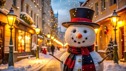 A cheerful snowman wearing a top hat and scarf stands in a charming, snowcovered town street at night, illuminated by glowing lanterns and festive lights