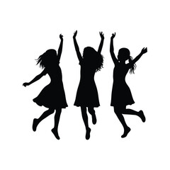Fototapeta premium Silhouette of three happy girls jumping and dancing, freedom, childhood, joy, friendship, celebration