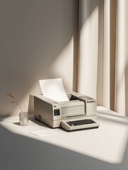 Fototapeta premium Beige vintage printer sits on a minimalist table in sunlit room, next to a small glass vase with dried grass, a blank sheet of paper rests on the printer's output tray