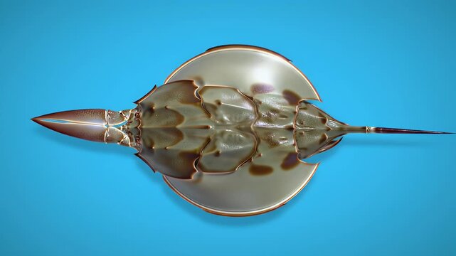 Underside view of a horseshoe crab on a bright blue background, revealing its ancient marine anatomy and unique features.