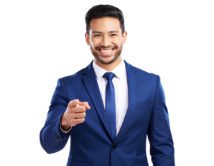 Man Smiling and Pointing Confidently, Dressed Smartly Against isolated on a transparent background.