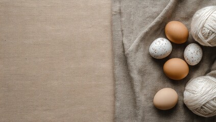 Flatlay of speckled and brown eggs nestled on a beige fabric next to two balls of yarn, set against a beige background, leaving ample copy space