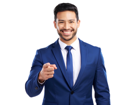 Man Smiling and Pointing Confidently, Dressed Smartly Against isolated on a transparent background.