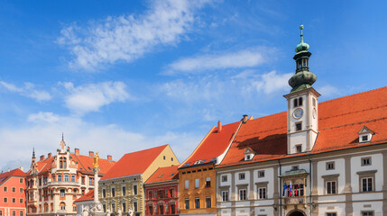 Fototapeta premium Main square in Maribor city, Slovenia with historic architecture and buildings