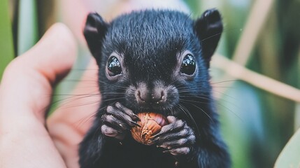 Obraz premium Tiny black squirrel eating a nut