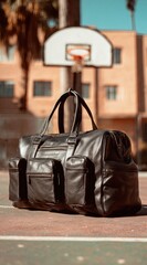 Black leather duffel bag sits on outdoor basketball court, sunlit, with blurred background of hoop and buildings