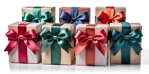 A collection of beautifully wrapped christmas gift boxes with colorful ribbons and bows, arranged neatly, isolated on a white background