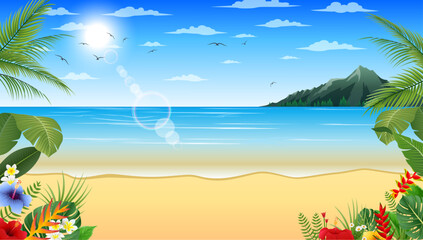Tropical beach with palm leaves and flowers. Vector illustration.