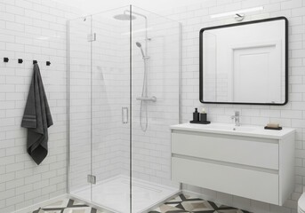 A modern bathroom with a glass shower, sink, and mirror