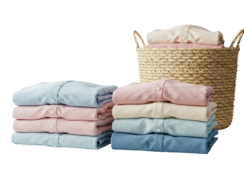 Four meticulously folded stacks of crisp, clean pastel and bright shirts on a transparent surface with a woven laundry basket, concept of domestic organization and tidiness