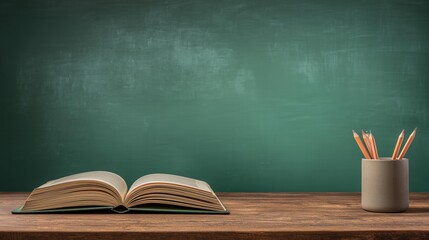 Open book and colored pencils on wooden desk against green chalkboard, simple classic setup creating nostalgic classroom atmosphere.